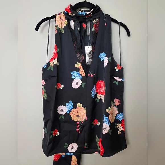 By Anthropologie Silky Halter Tank Top Blouse, Black Floral Pattern, Size Small - Picture 4 of 11